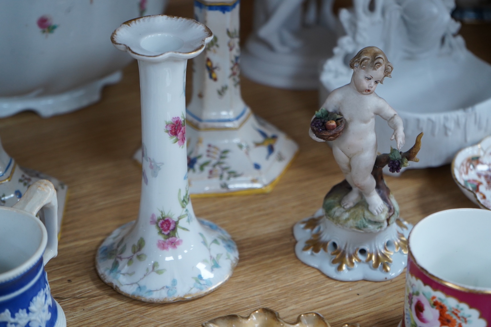 A bisque figure group of the Three Graces - 27cm high, a smaller smaller bisque figure, a pair of Vienna style coffee cans and saucers and a collection of mixed floral china. (22)